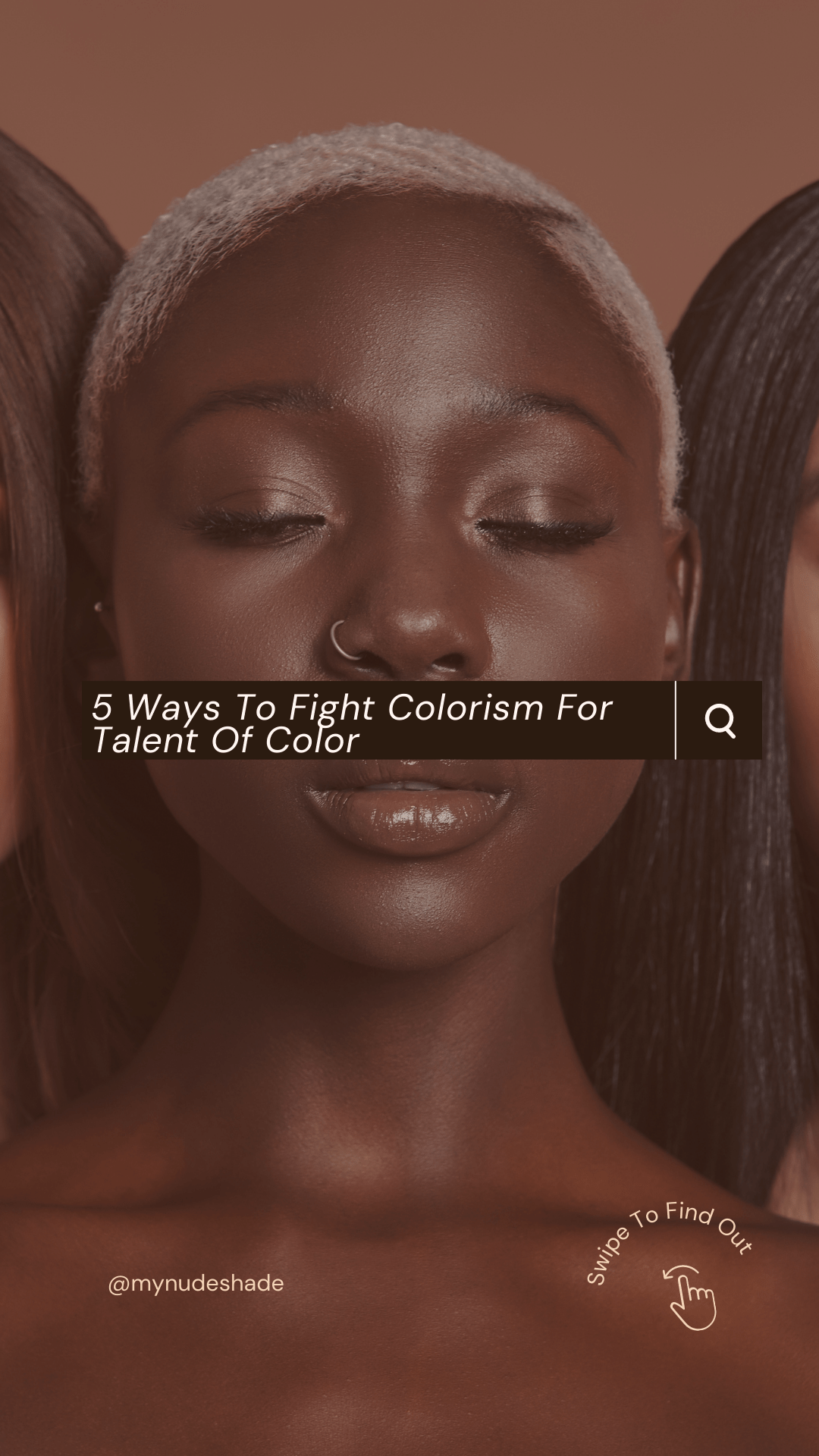 A photo of a dark skin model with a text box over her face about colorism.