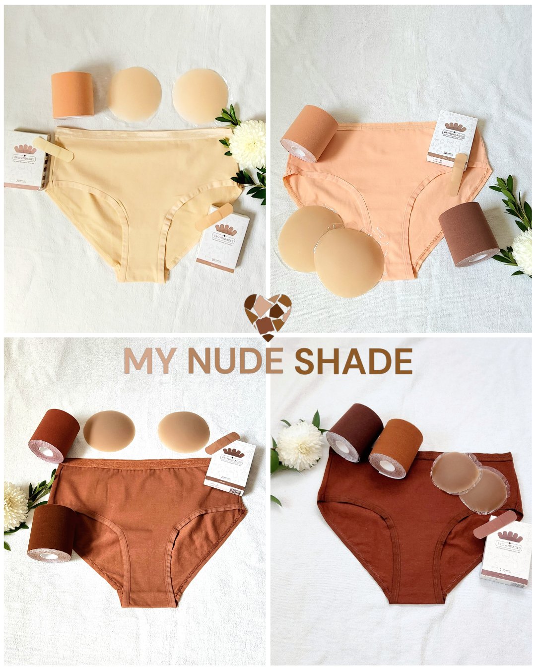 Bundles of skin-toned underwear, boob tape, nipple covers, and bandages in matching skin colors for bridal, prom, and formal wear occasions on a white background with flowers and My Nude Shade logo.