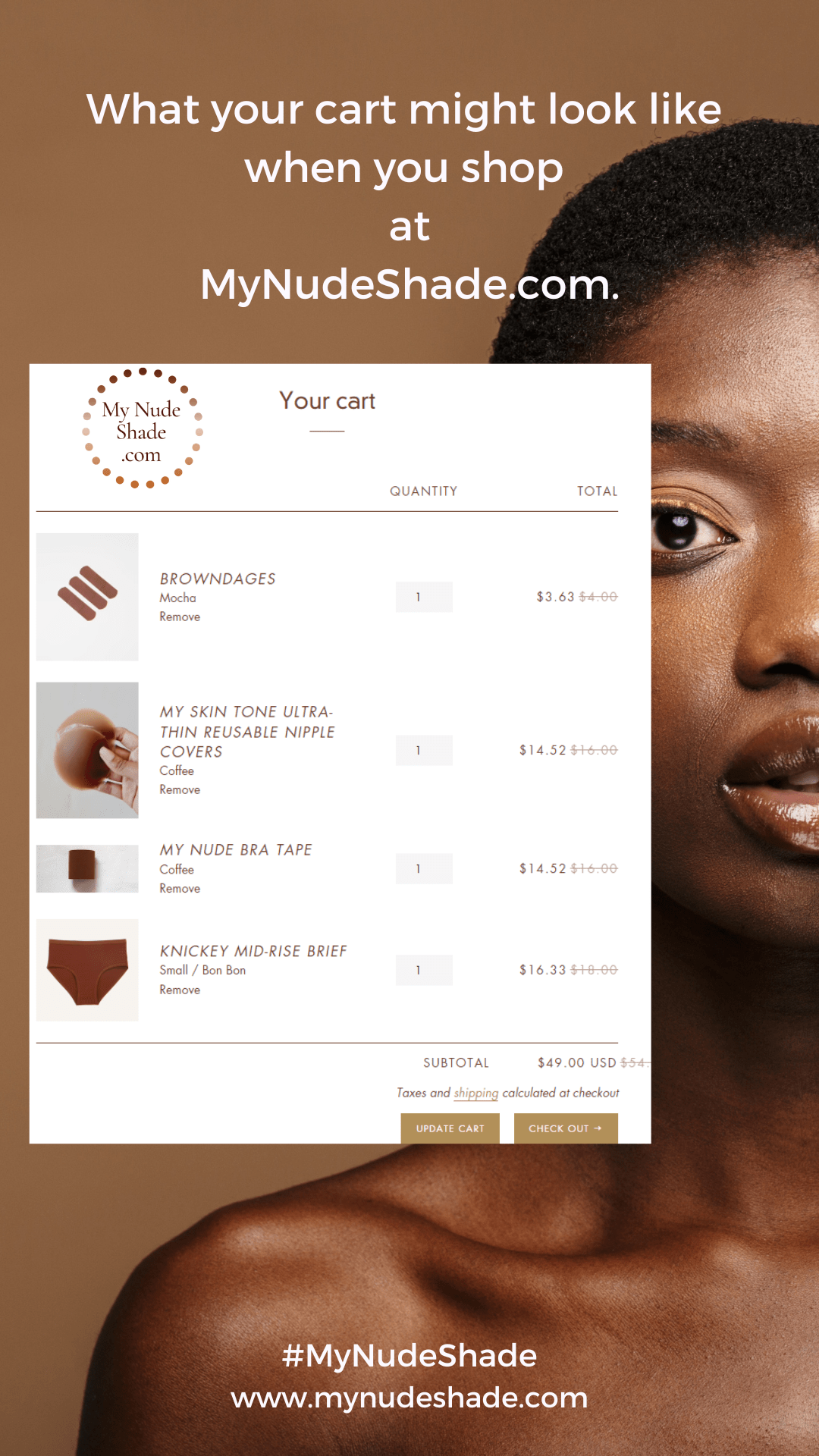 An image of an online store cart with nude-color items matching the photo of a dark skin model.
