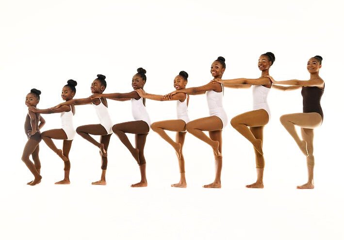African American girls and women posing in leotards and brown skin tones dance tights.