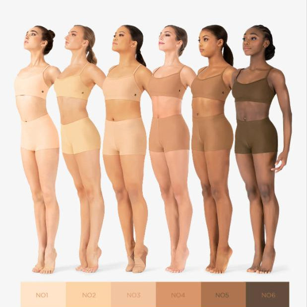 Women posing in nude color dancewear from lightest to darkest.