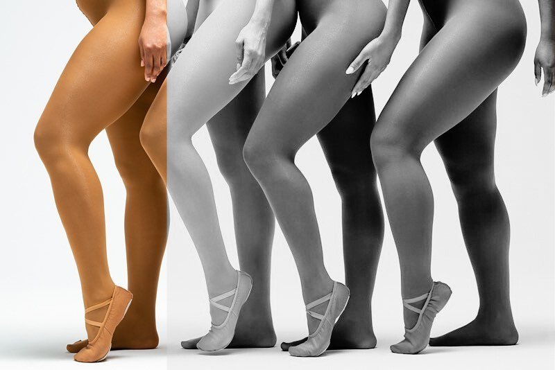 A photo of four women posing in Blendz dance tights. One of them is posing in the color “tenacious tan”.  The other three women are shaded out in black and white.