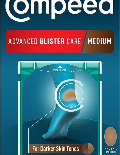 The front of a blue, red, and brown Compeed brand package with 10 medium-size blister patches for runners, hikers, and dancers with brown and black skin tones.