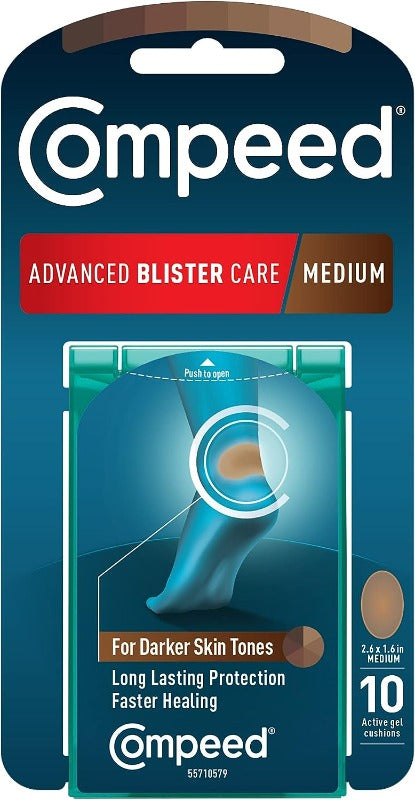 The front of a blue, red, and brown Compeed brand package with 10 medium-size blister patches for runners, hikers, and dancers with brown and black skin tones.