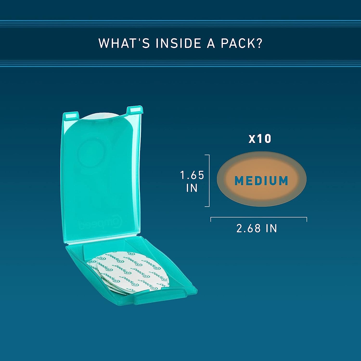 A blue graphic with white letters describing the size of Compeed's medium-size brown skin color blister patches as being 1.65 inches high and 2.68 inches long.