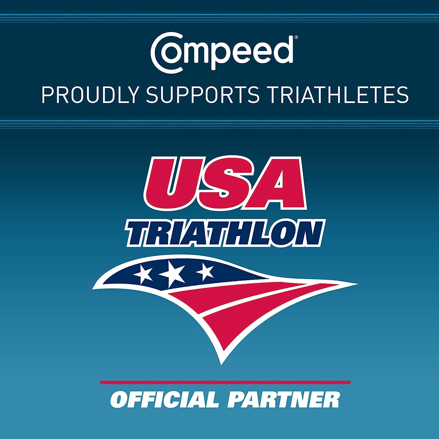 A blue, red, and white graphic describing Compeed being a proud partner for Team USA triathletes. 