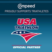 A blue, red, and white graphic describing Compeed being a proud partner for Team USA triathletes. 