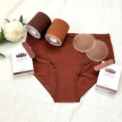 Dark brown panties bundled with matching boob tape, bandages, and reusable nipple covers for dark brown skin.