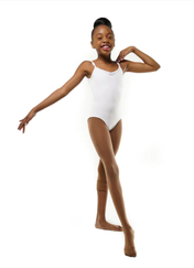 Light brown convertible tights in the color “maven mahogany” on a little Black girl smiling and posing in a white leotard.