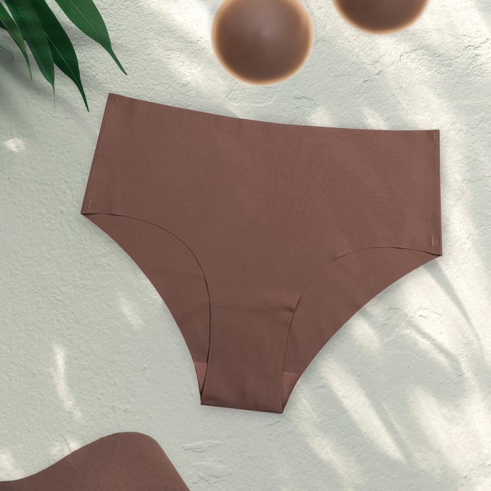 Seamless silk briefs, with nipple covers, and boob tape for dark skin women in the color dark coffee.