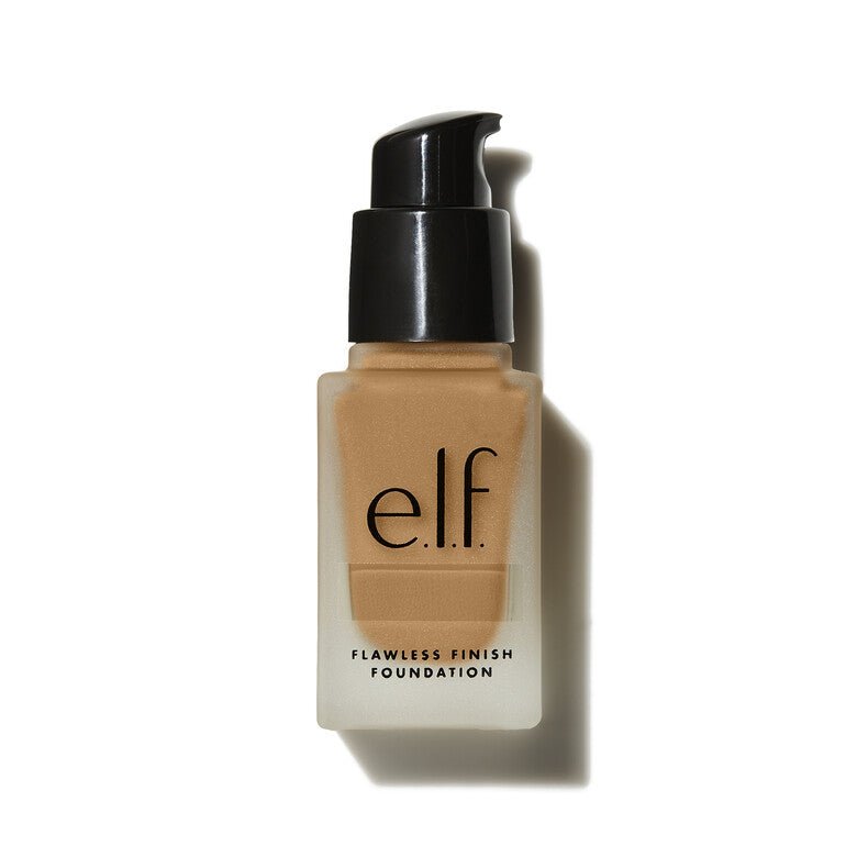 An open bottle of liquid foundation in the color cashew best for warm olive undertones for tanned skin by elf cosmetics.