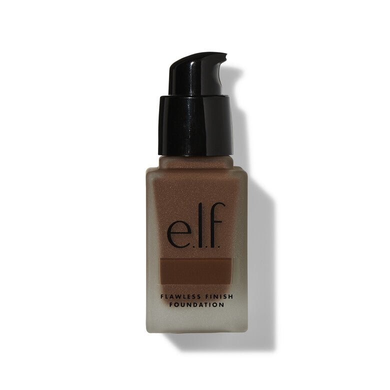 An open 0.68 fluid ounce bottle of e.l.f. that says flawless finish foundation in the color espresso with cool red undertones for deep brown skin. 