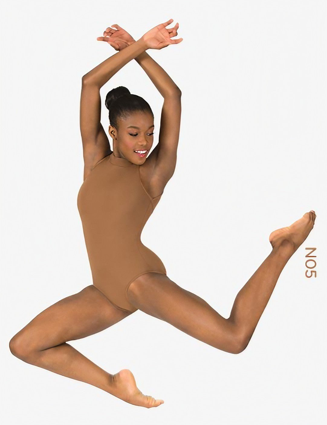 A young African American woman wearing a high neck tank leotard