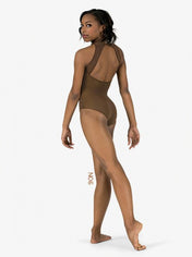 A young Black woman modeling a brown high neck tank leotard