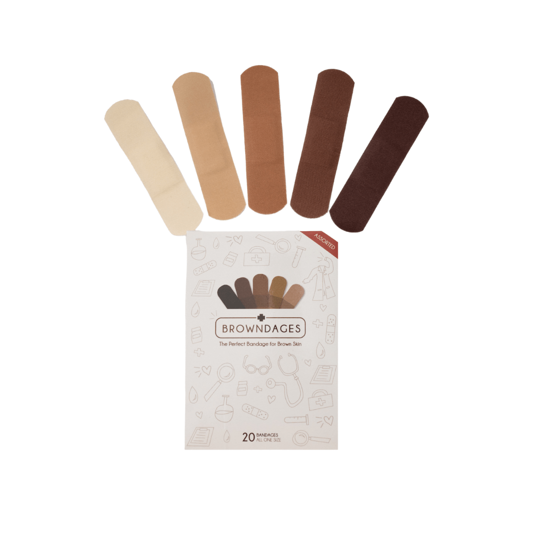A white box of Browndages Bandages in five skin colors for all shades of brown. This brand was seen on season 13 of Shark Tank. - My Nude Shade