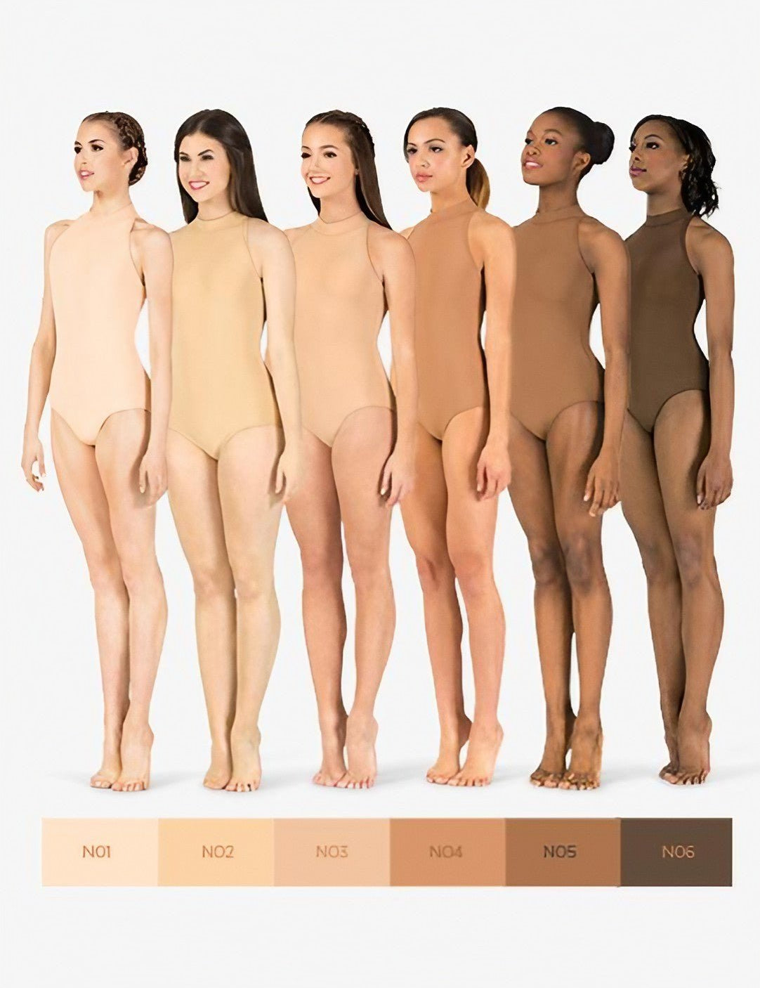 A group of women modeling high neck tank leotards in various nude skin tone colors