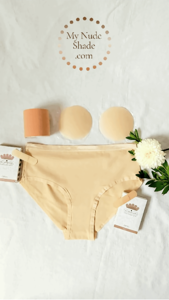 gif of bra tap with matching bandages and nipple covers for brown skin to light skin