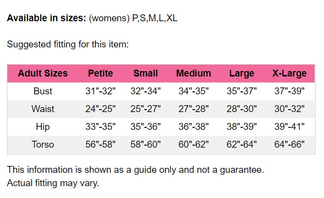Size chart for the Women's True Bare High Neck Tank Leotard