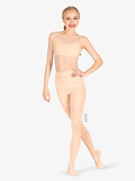 A white woman is posing in women's nude color convertible tights for dancers and figure skaters.