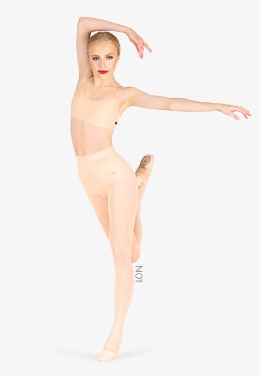 A dancer posing in pinkish skin tone stirrup tights.