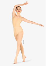 A well posed woman in skin tone stirrup dance tights color number two.
