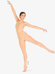 A tanned white woman is posing in women's convertible tights in her skin tone for dancers and figure skaters.