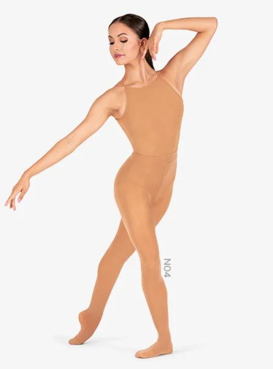 A light brown woman is posing in women's convertible flesh tone tights in for dancers and figure skaters.
