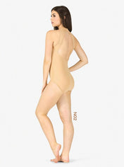 Rear view of a woman donning a beige high neck tank leotard