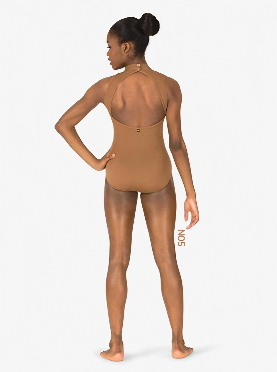 Back view of a Black woman striking a pose in a brown high neck tank leotard